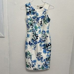 Mac Duggal Women Sz 2 White Blue Floral Sheath Cocktail Dress 50s Inspired Retro